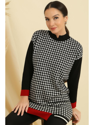 By Saygı Houndstooth Patterned Striped Sleeves and Hem Comfort Fit Knitwear Tunic