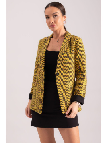 armonika Women's Yellow Herringbone Pattern Fold Sleeve Single Button Cachet Jacket