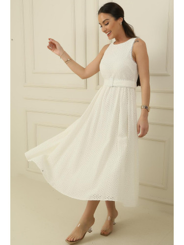 By Saygı Gathered Embroidered Lined Scallop Long Dress with Belt and Waistband