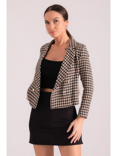 armonika Women's Light Beige Double Breasted Collar Tweed Crop Jacket