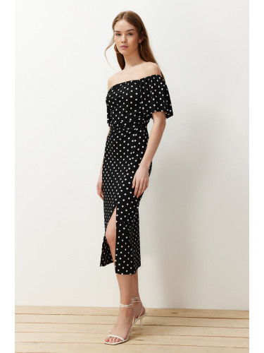 Trendyol Black Polka Dot Polka Dot Carmen Collar Gathered Ribbed Flexible