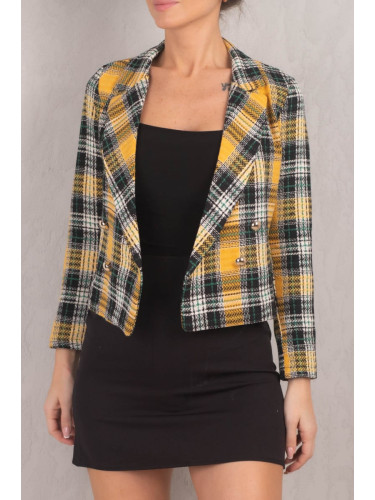 armonika Women's Yellow Double Breasted Collar Tweed Crop Jacket