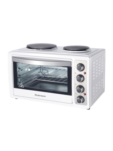 Мини готварска печка Rohnson R-2128, електрическа, 2 нагревателни зони, 28 л. капацитет на фурната, бяла
