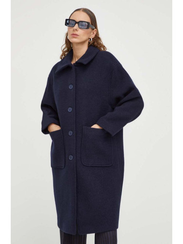 Вълнено палто American Vintage в тъмносиньо преходен модел с уголемена кройка