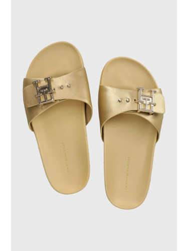 Кожени чехли Tommy Hilfiger TH HARDWARE GOLD FLAT SANDAL в златисто FW0FW07947