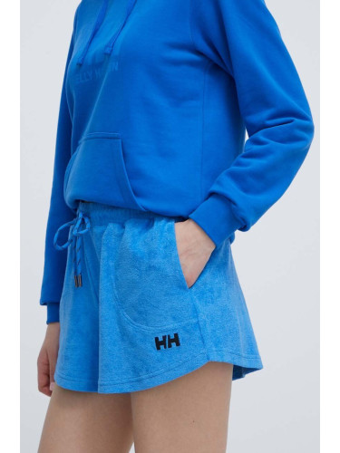 Памучен къс панталон Helly Hansen в синьо с изчистен дизайн с висока талия 34454