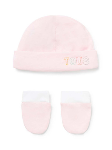 Детски шапка и ръкавици Tous в розово с фина плетка от памук