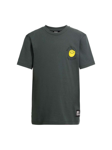 Детска памучна тениска Jack Wolfskin SMILEYWORLD в зелено с принт
