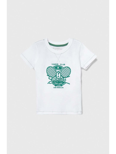 Детска памучна тениска Guess в бяло с апликация