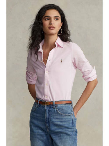 Памучна риза Polo Ralph Lauren дамска в розово с кройка по тялото класическа яка 211664427002