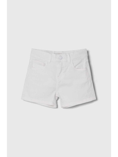 Детски дънков къс панталон Guess в бяло с изчистен дизайн с регулируема талия