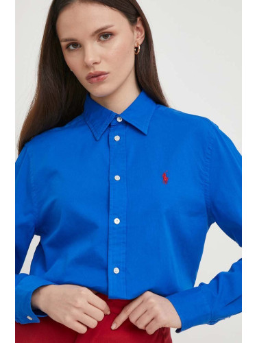 Памучна риза Polo Ralph Lauren дамска в тъмносиньо със стандартна кройка с класическа яка 211932522