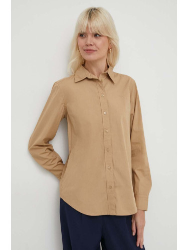Памучна риза Lauren Ralph дамска в бежово със стандартна кройка с класическа яка 200925378