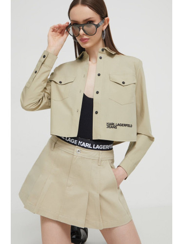 Памучна риза Karl Lagerfeld Jeans дамска в бежово със стандартна кройка с класическа яка