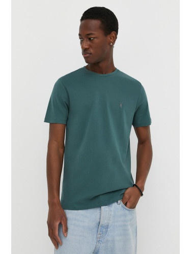 Памучна тениска AllSaints в зелено с изчистен дизайн