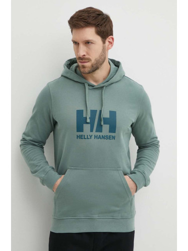 Памучен суичър Helly Hansen HH LOGO HOODIE в зелено с качулка апликация 53289 33977