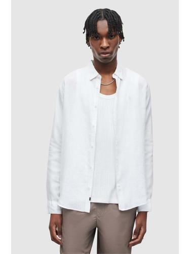 Ленена риза AllSaints CYPRESS в бяло със свободна кройка с класическа яка