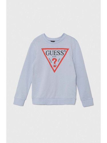 Детски памучен суичър Guess в синьо с принт