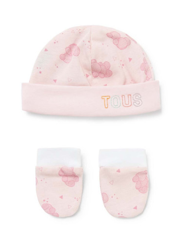 Детски шапка и ръкавици Tous в розово с фина плетка от памук