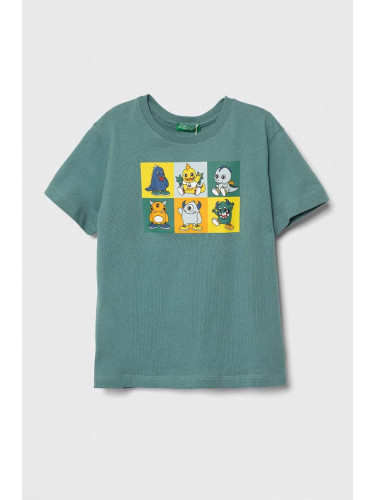Детска памучна тениска United Colors of Benetton в зелено с принт