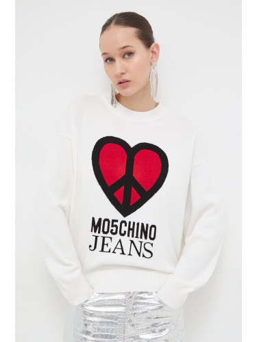 Памучен пуловер Moschino Jeans в бежово от лека материя