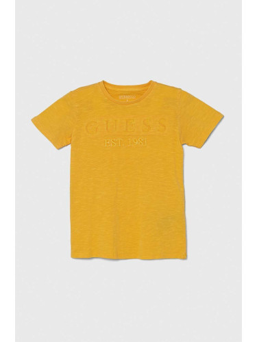 Детска памучна тениска Guess в жълто с апликация