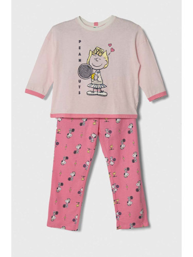 Детска памучна пижама United Colors of Benetton x Snoopy в розово с десен