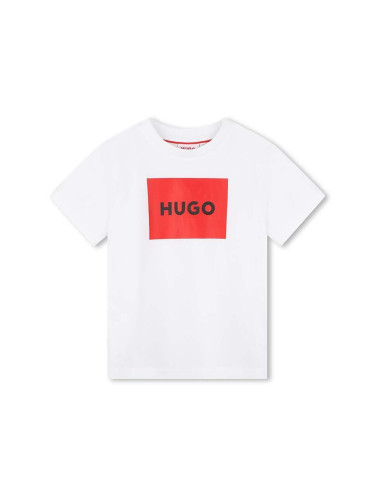 Детска памучна тениска HUGO в бяло с принт