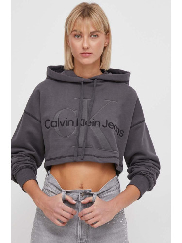 Памучен суичър Calvin Klein Jeans в сиво с качулка апликация J20J222540