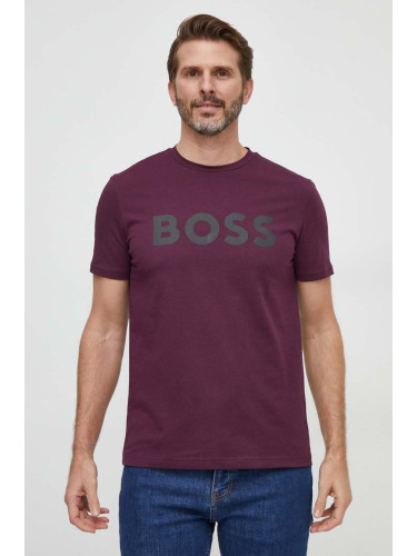 Памучна тениска BOSS CASUAL в лилаво с принт 50481923