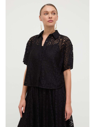 Риза MICHAEL Michael Kors дамска в черно със свободна кройка с класическа яка