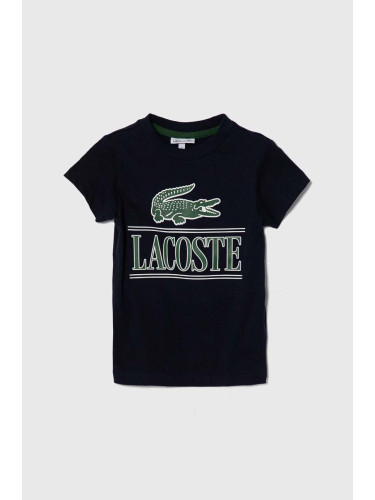 Детска памучна тениска Lacoste в тъмносиньо с принт