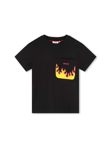 Детска памучна тениска HUGO в черно с принт