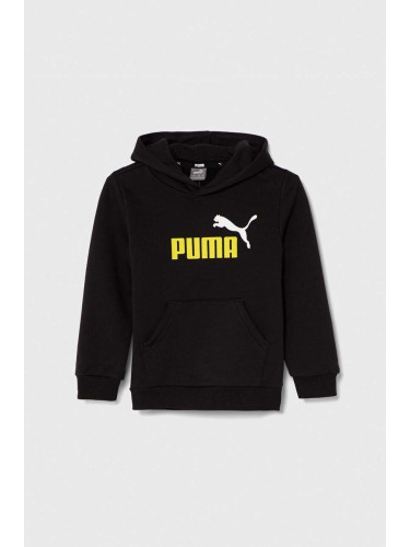 Детски суичър Puma в черно с качулка с принт