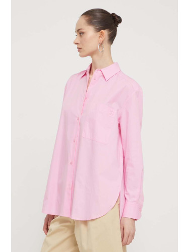 Памучна риза HUGO дамска в розово със свободна кройка с класическа яка 50515741