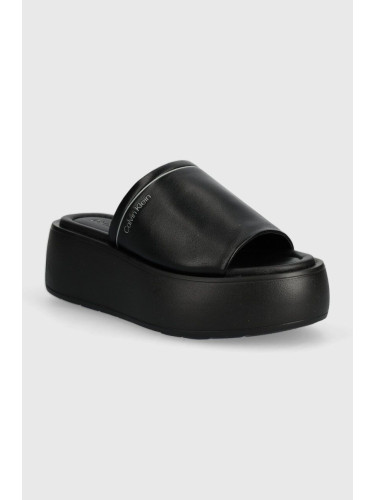 Кожени чехли Calvin Klein FLATFORM SLIDE LTH в черно с платформа HW0HW01943