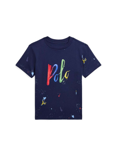 Детска памучна тениска Polo Ralph Lauren в тъмносиньо с принт