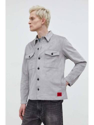 Риза HUGO мъжка в сиво със стандартна кройка с класическа яка 50508657