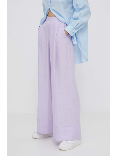 Ленен панталон United Colors of Benetton в лилаво с широка каройка, с висока талия