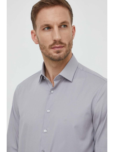 Риза Calvin Klein мъжка в сиво с кройка по тялото класическа яка K10K108229