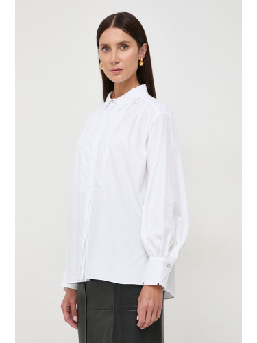 Памучна риза BOSS дамска в бяло със стандартна кройка с класическа яка 50505629
