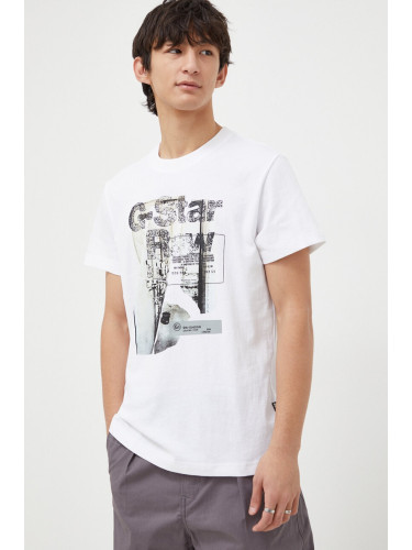 Памучна тениска G-Star в бяло с принт