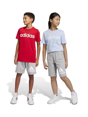 Детски памучен къс панталон adidas U BL в сив меланж с регулируема талия