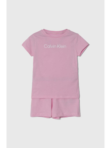 Детска памучна пижама Calvin Klein Underwear в розово с принт