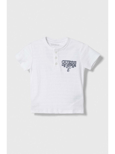 Детска памучна тениска Guess в бяло с изчистен дизайн