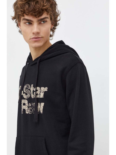 Памучен суичър G-Star в черно с качулка с принт