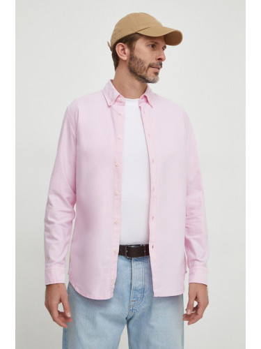 Памучна риза United Colors of Benetton мъжка в розово със стандартна кройка с яка с копче