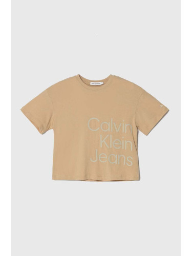 Детска памучна тениска Calvin Klein Jeans в бежово