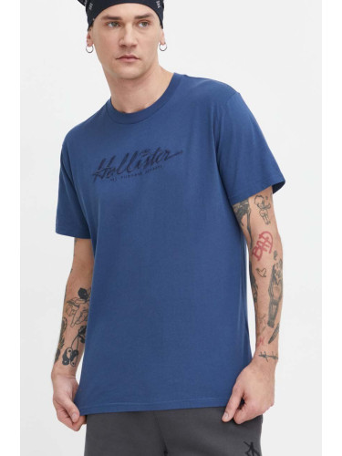 Памучна тениска Hollister Co. в тъмносиньо с апликация