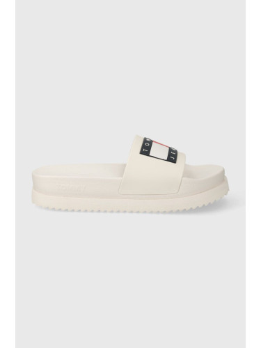 Чехли Tommy Jeans TJW ELEVATED FLATFORM SLIDE в бежово с платформа EN0EN02451